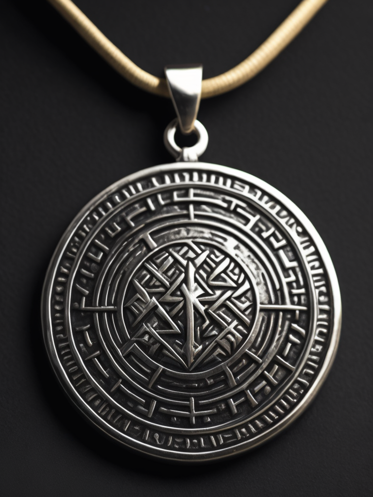 Silver round amulet with ancient runes, contrasting light, dark atmosphere, high details, black background