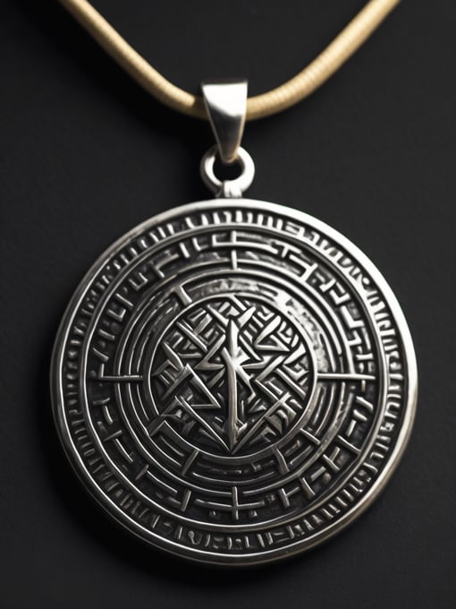 Silver round amulet with ancient runes, contrasting light, dark atmosphere, high details, black background