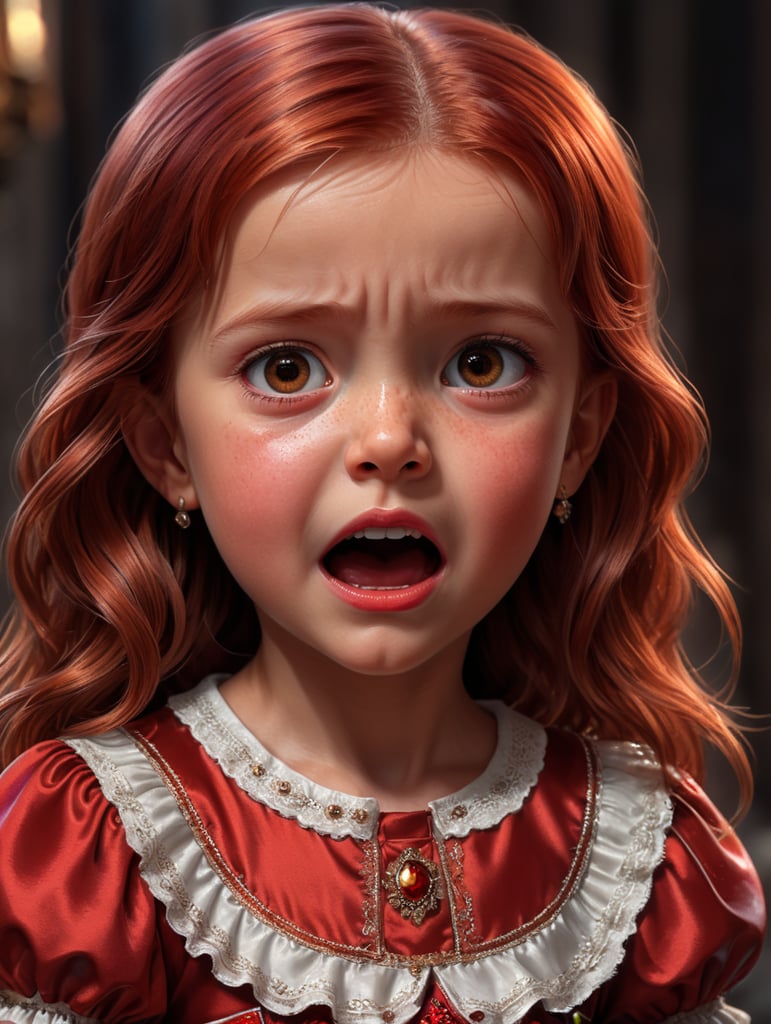 red straight haired little girl cartoon with brown eyes and red dress crying