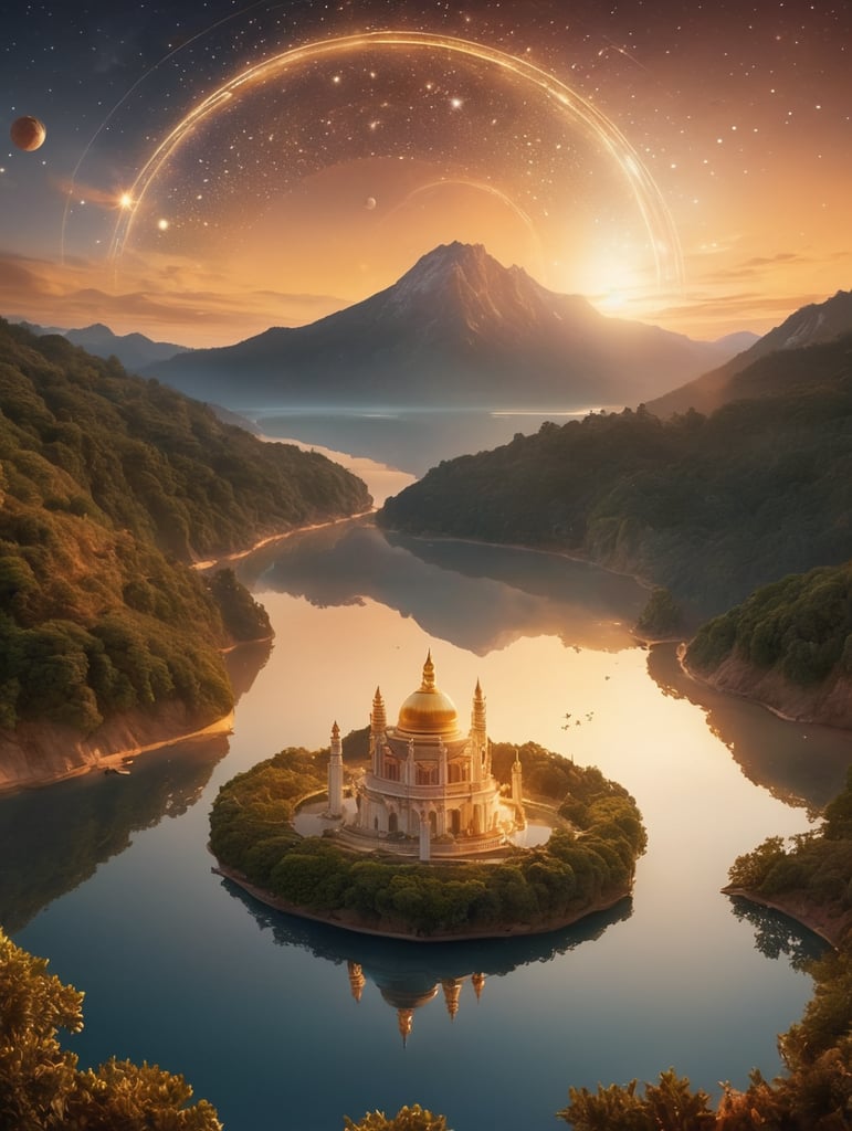 Generate an enchanting image of a magical world bathed in the warm hues of the golden hour. Picture an astronet, a celestial network of interconnected stars, floating gracefully in the sky, casting a gentle glow over the surreal landscape. Capture the ethereal atmosphere, blending elements of fantasy and cosmic wonder, with a focus on the harmonious interplay between the natural beauty of the golden hour and the mystical allure of the astronet.