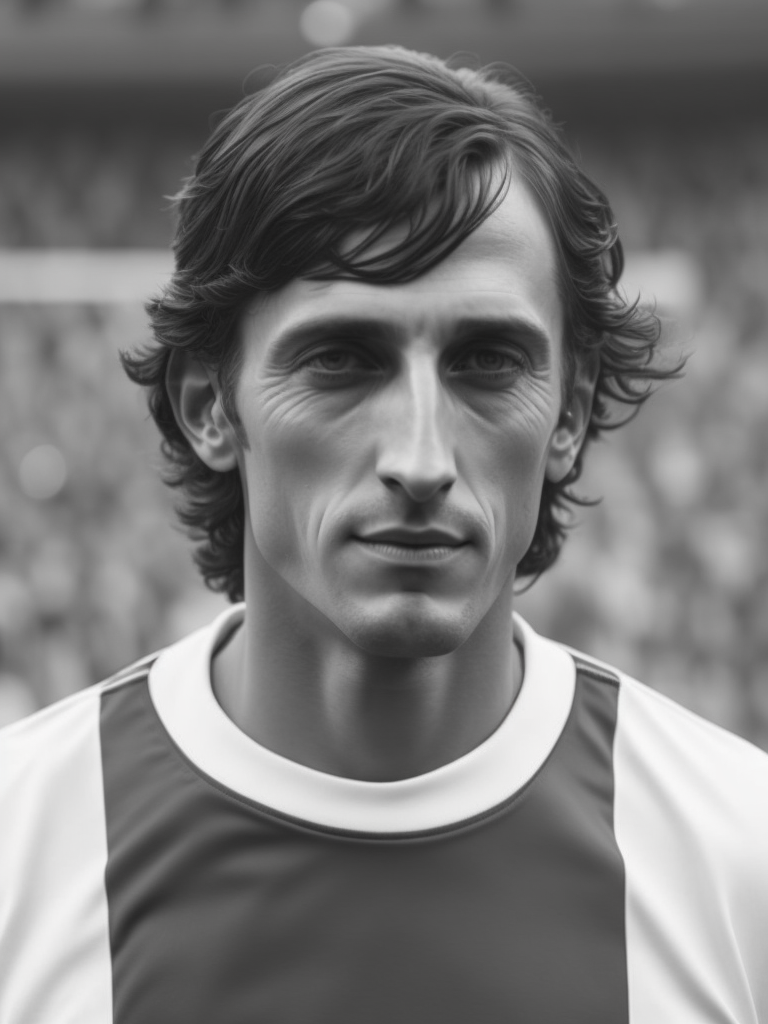 Johan Cruyff, highly detailed, realistic, Blurry background, sky, clouds, sunlight, Sports magazine, dramatic light, sharp focus, grayscale, focus, Ajax football uniform, bigger nose