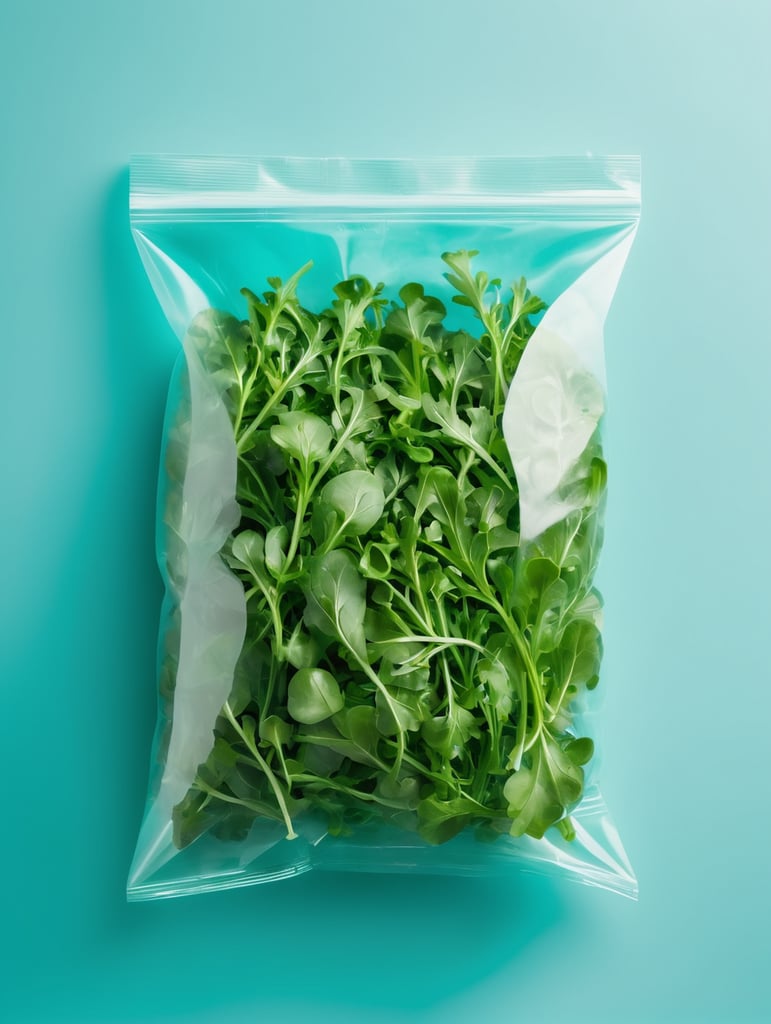 blank Transparent Plastic bag with Arugula Salad, isolated, cyan background, Mockup, mock up