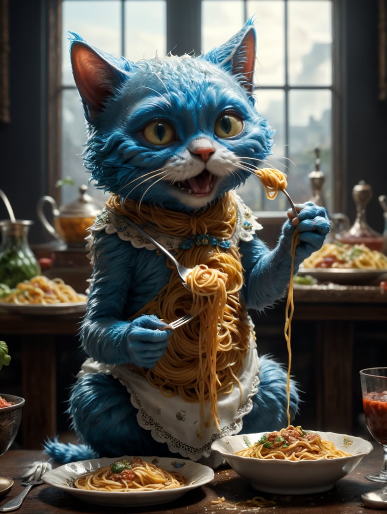 Cat smurf wearing a dress and eating spaghetti