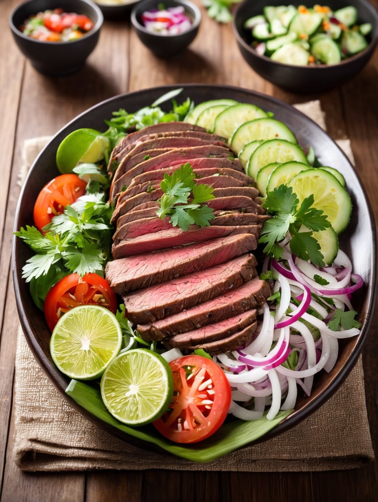 Thai Beef Salad (Yam Nua), small plate on a wooden table, Description: A zesty Thai salad featuring grilled beef, mixed with fresh herbs, cucumber, red onion, and tomatoes, and dressed with a tangy lime dressing.