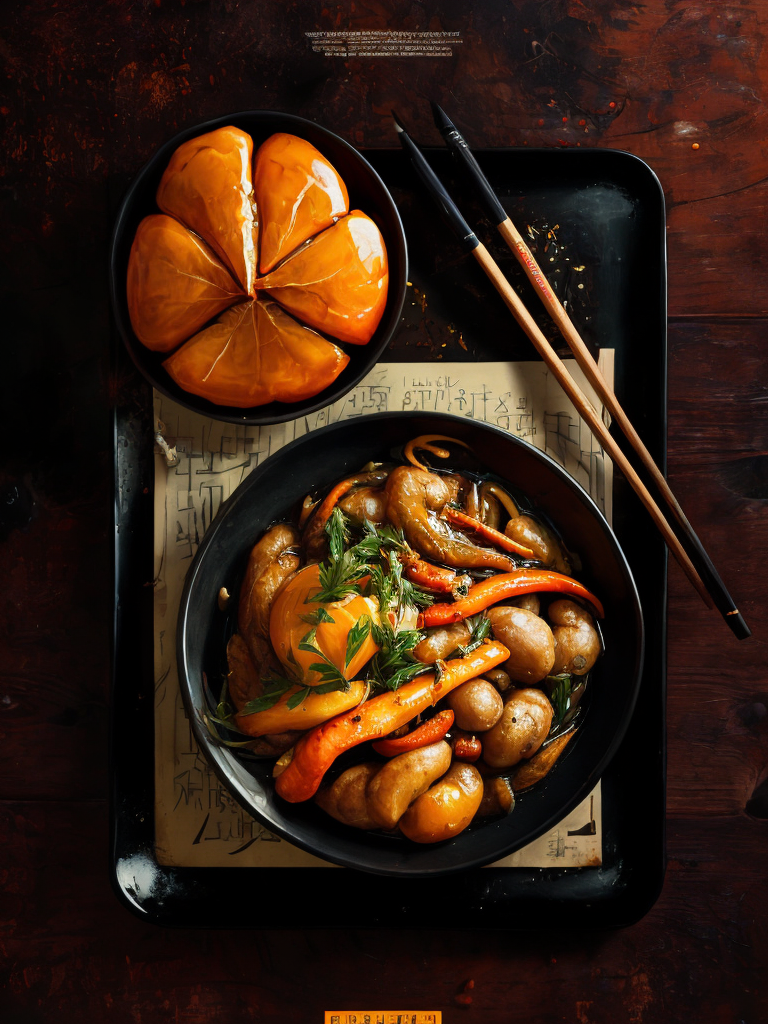 different cooked asian foos on a plate, deep atmosphere, juicy, tasty, sharp on details