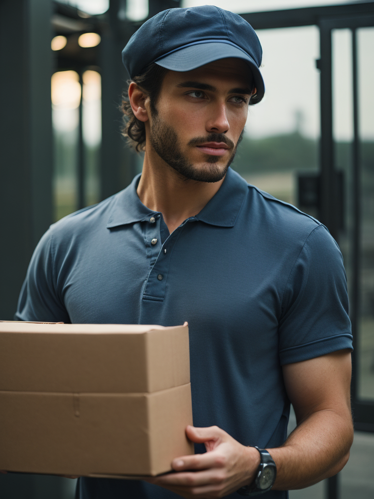 portrait of a delivery man, wearing a cap and t-shirt, holding a box