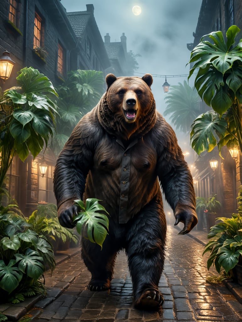oso grizzly vestido como un peaky blinders en una calle adoquinada con niebla por la noche y rodeado de plantas monsteras