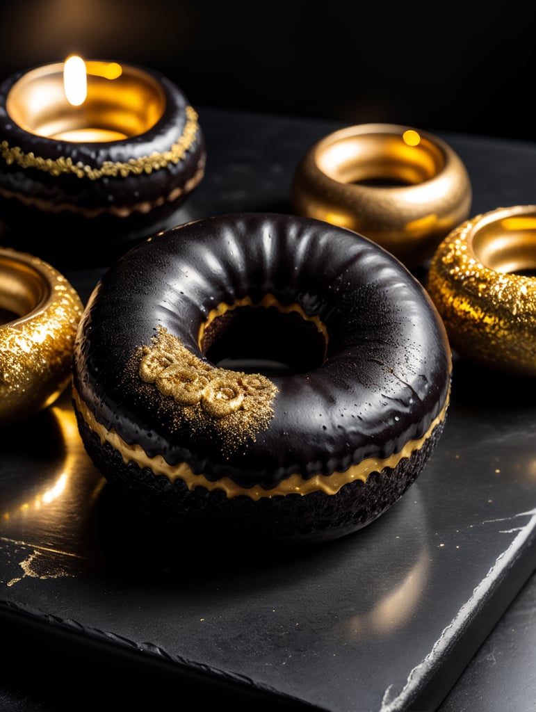 черный пончик покрыт золотом лежит на черном столе, черная комната, слабое освещение