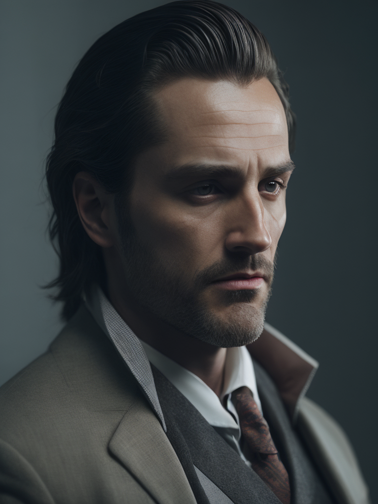 Portrait of a mafia boss in formal suit, Thick build, Hair slicked back, Aggressive look, Against a vintage interior, Subdued tones, Deep colors, contrasting light,