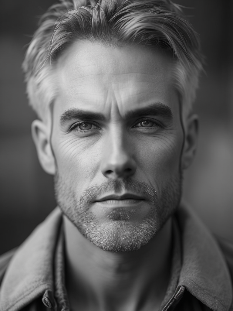 A realistic photo of a 40-year-old man is featured on the homepage., the man has a rugged and weathered look, with a few wrinkles and lines on his face that tell the story of his life experiences., his eyes show a depth of knowledge and understanding, with a sense of calm and confidence., the photo captures him in a natural setting, with a background that complements his personality., black and white photography, color photography, portrait, candid shot, environmental portrait, natural lighting, high contrast