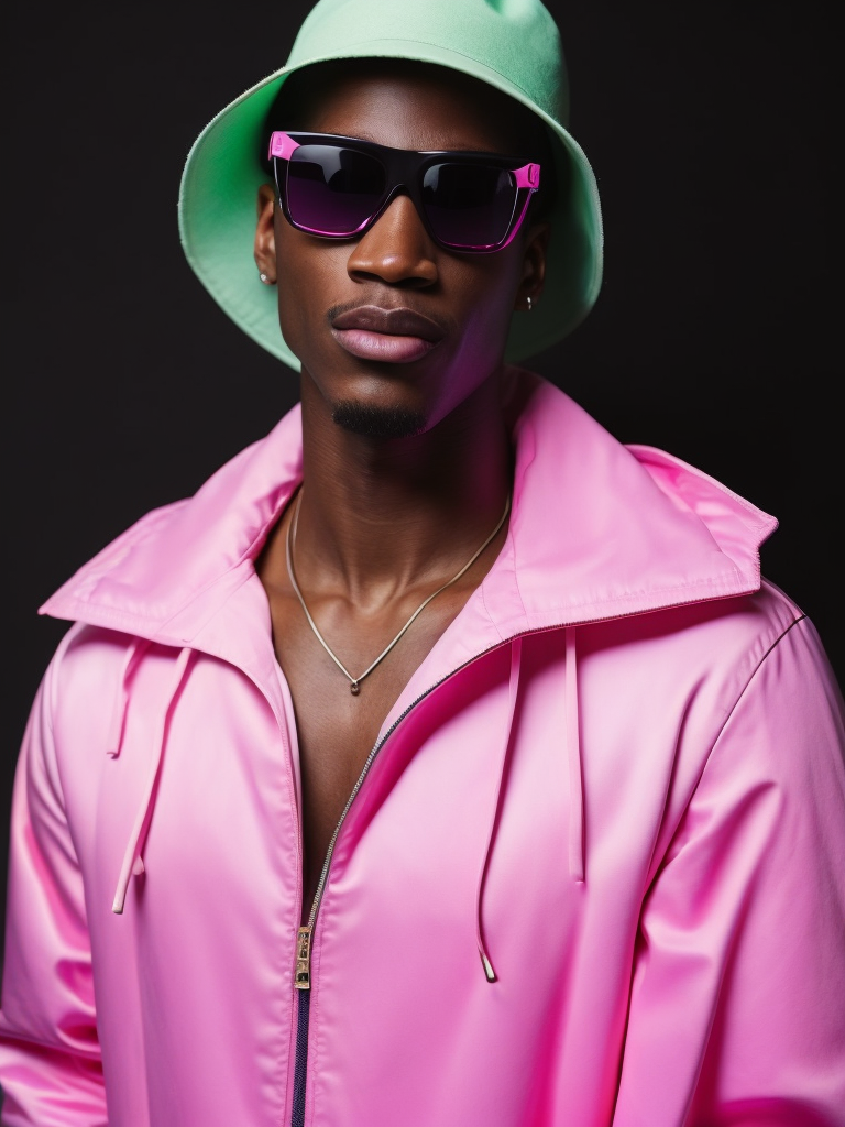 Black male fashion model, Wearing a pink jacket and a green panama hat, large black sunglasses, Black background, Bright and rich colors, bright saturated color, sharp focus,