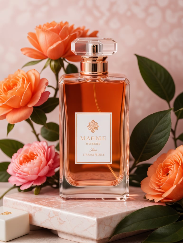 Pink and orange Floral background with modern perfume bottle with blanc white label and snake wrapped around the bootle