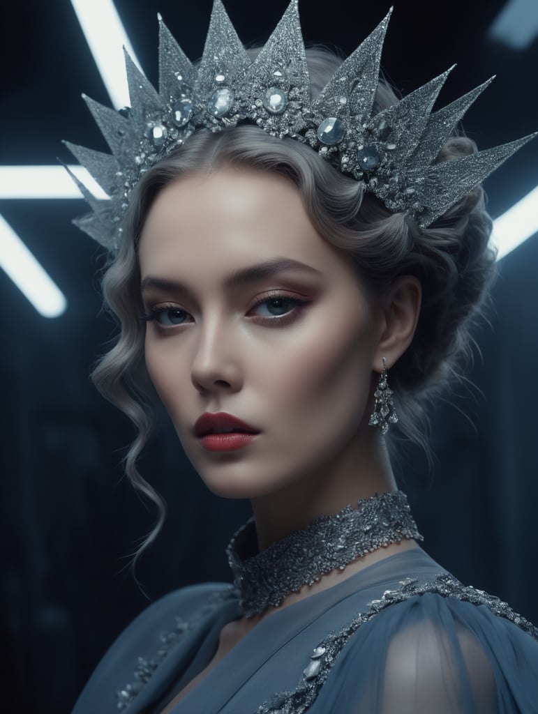 Tim Walker style award winning intrinsic detail dreamscape photo-art high fashion portrait style of a female supermodel with stylized modern hair in John Galliano fashion design in a high fashion studio, hd, 8k