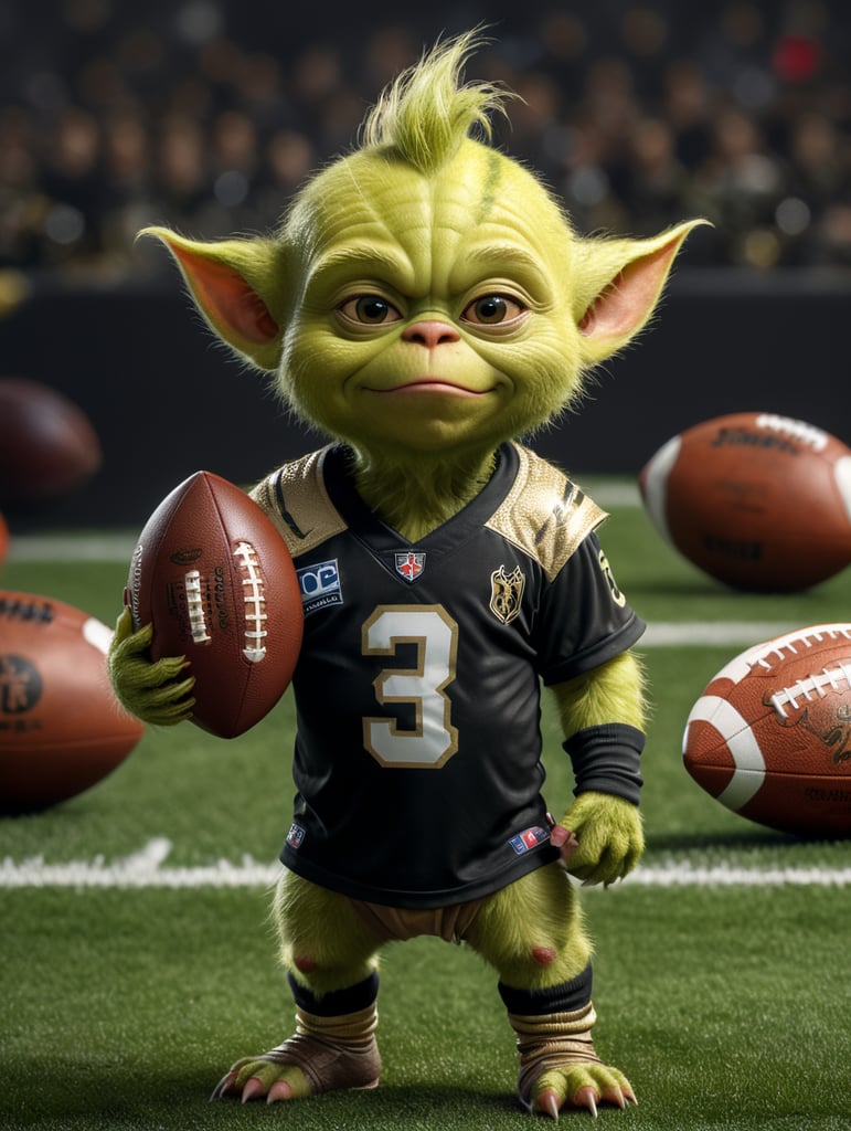 baby grinch wearing saints team jersey holding a football