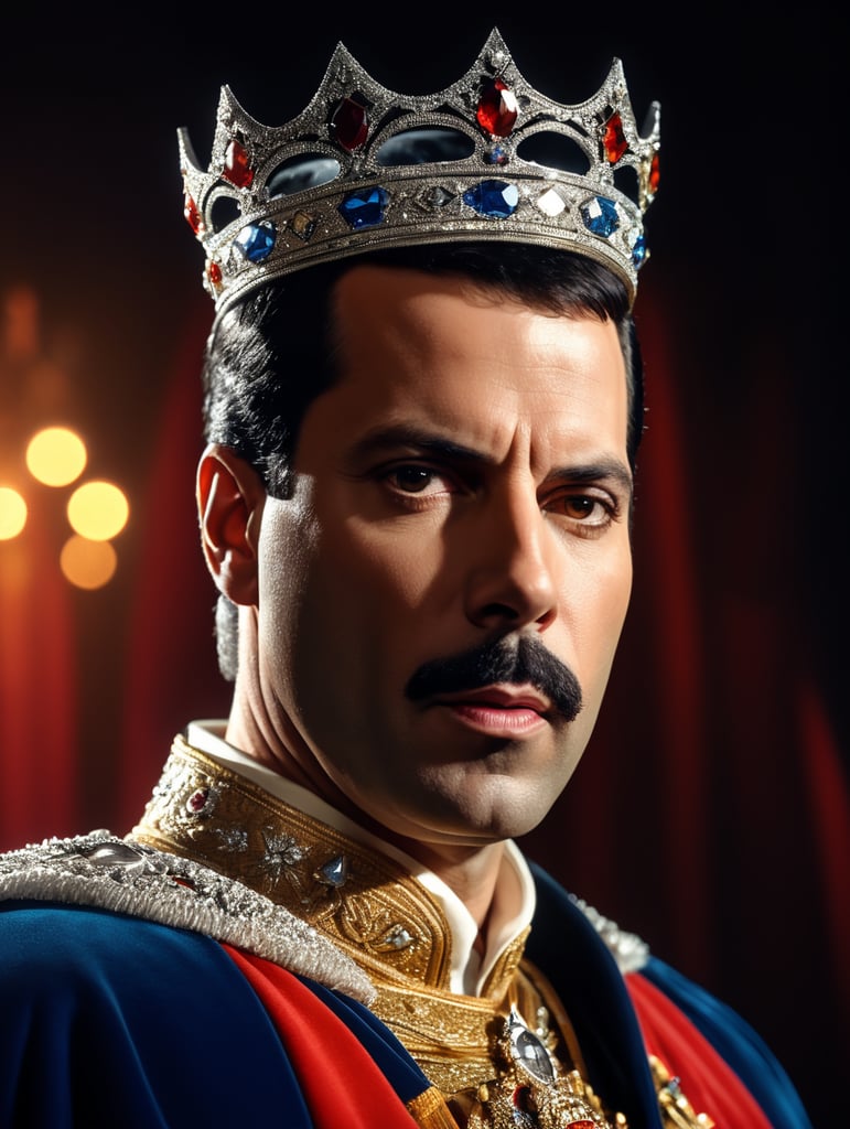 Portrait of Freddie Mercury wearing the Queen's crown, royal mantle, Vivid saturated colors, Contrast light, studio photo, professional photo, Detailed image, detailed face