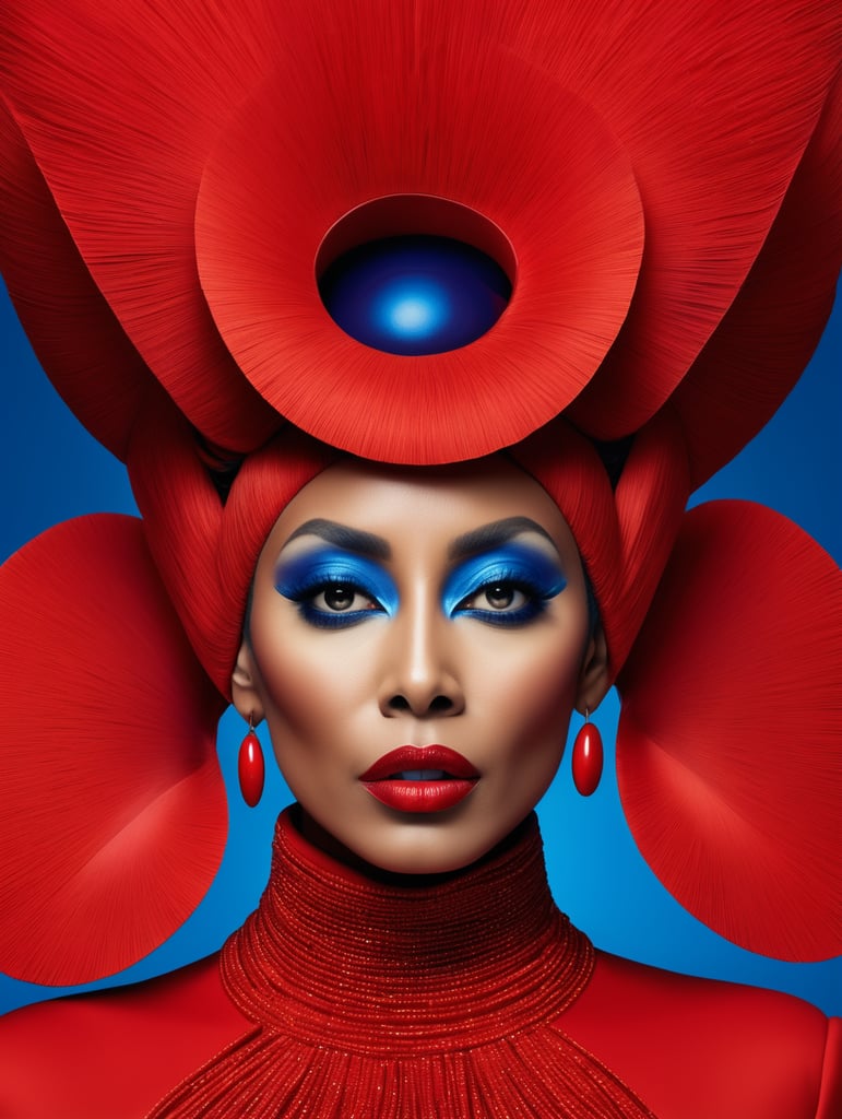 Donyale luna, avant-garde, simplygo, photoshoot spread, dressed in all red, blue background, harpers bizarre, cover, headshot, hyper realistic