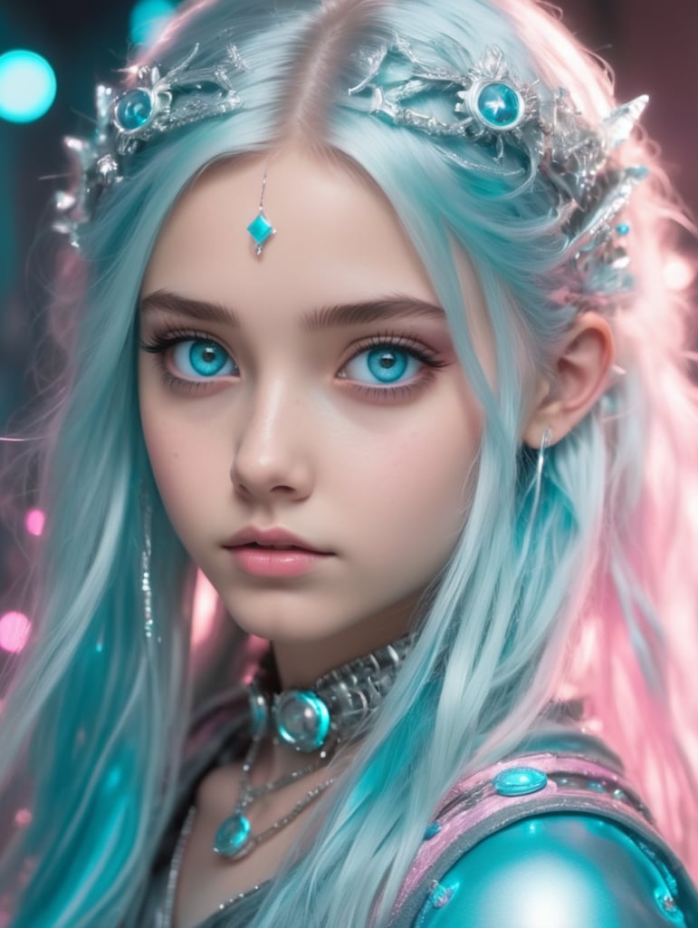 Magical teenager girl with long silver hair shining metallic in cyan and pink light, blue stunning eyes, beautiful teenie face, girly, grunge, cyberpunk accessories