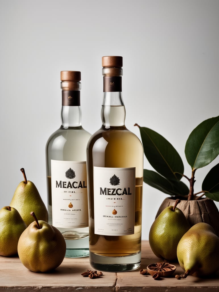 Packaging and branding for a mezcal brand as if it had been designed by HI ESTUDIO with In a set design with bricks, pears and dry leaves.