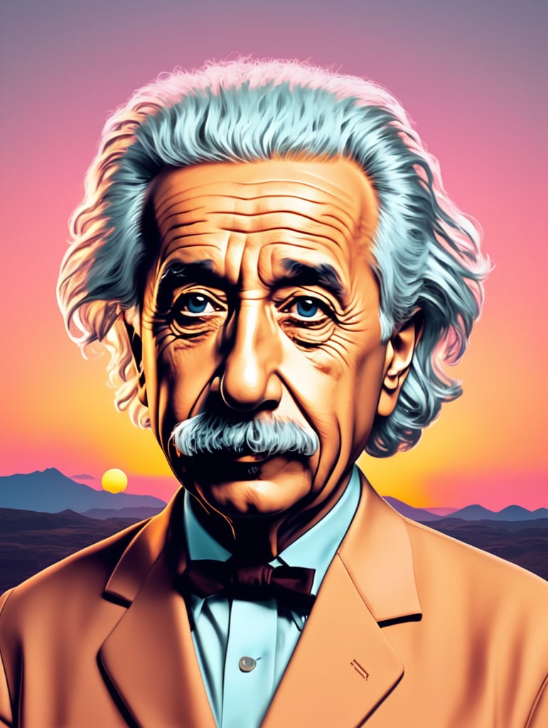 pop art comic style popular photo Albert Einstein, stylish, sunset, pastel colors --quality 2 --s 750 --v 5.2