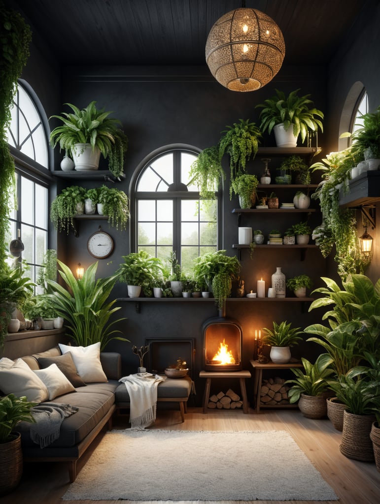 Scandinavian white cosy bright style home design with plants and decorations art on the walls bright ligh sharp focus