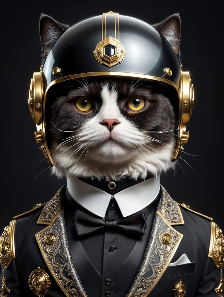 persian cat wearing a tuxedo and daft punk style helmet
