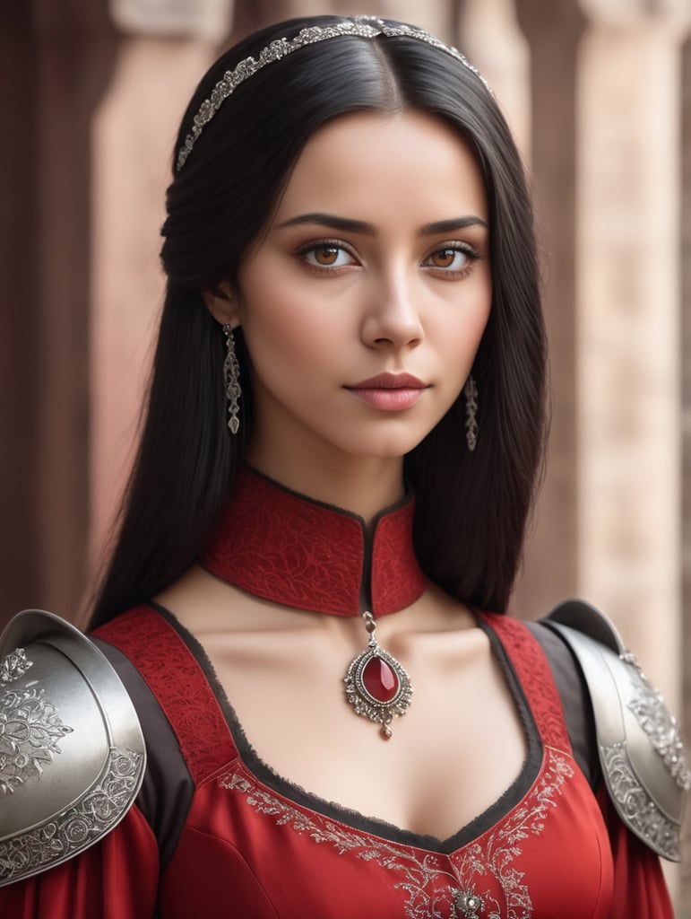 Kobieta. Europejskie. Czarne proste włosy do ramion. Brązowe oczy. Milady. Średniowiecze. Portret. Strój czerwony z elementami srebra.