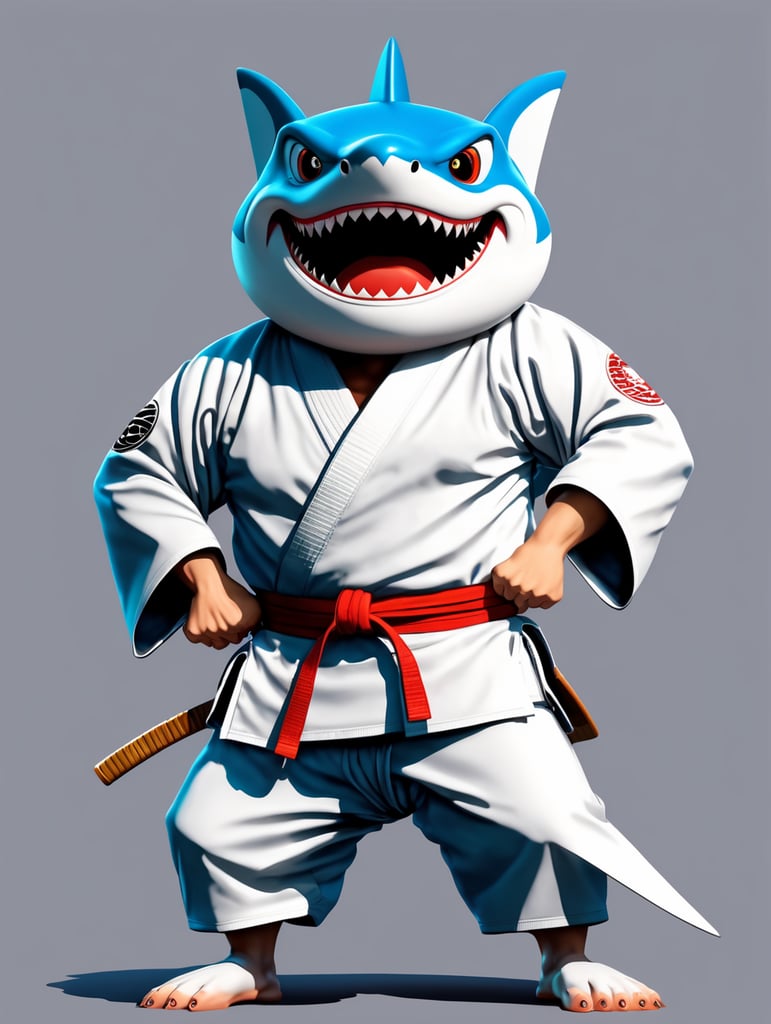 humanoid cartoon shark in judo kimono stay in action pose and angry face