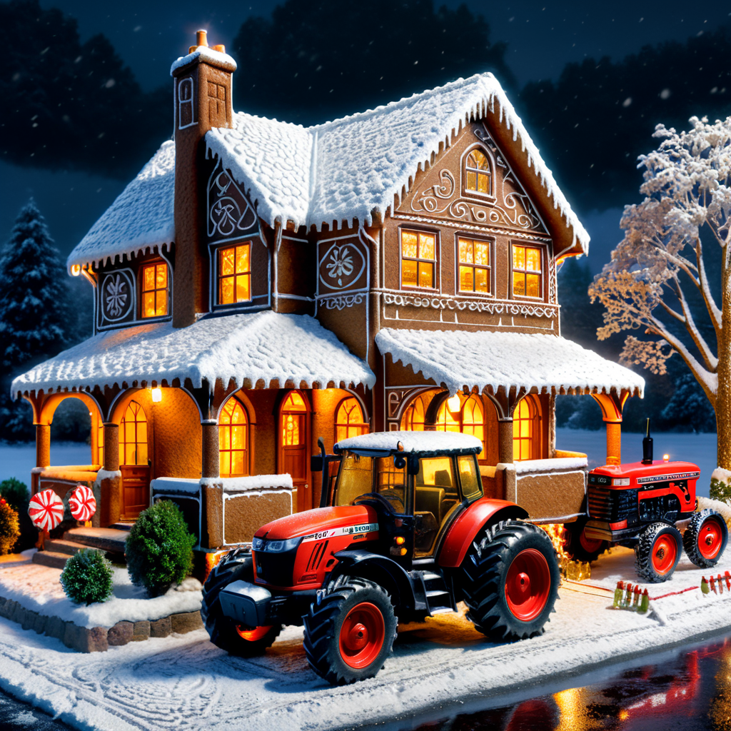 Small english style ginger bread house and a parked tractor outside. For sale sign. Snowing