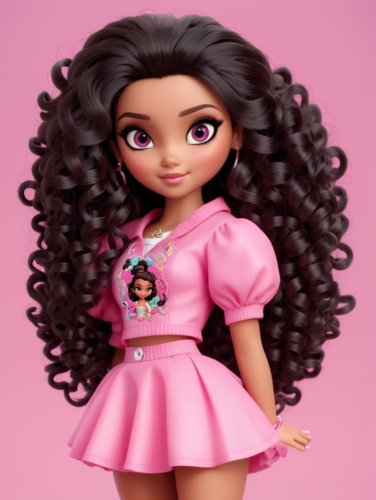 long black medium curly hair, dark brown eyes, pink outfit, bratz doll style