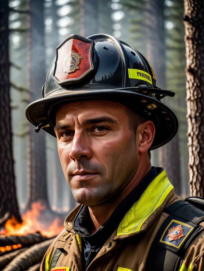epic portrait of a Firefighter, forest fire, British Columbia Wildfire, Canada