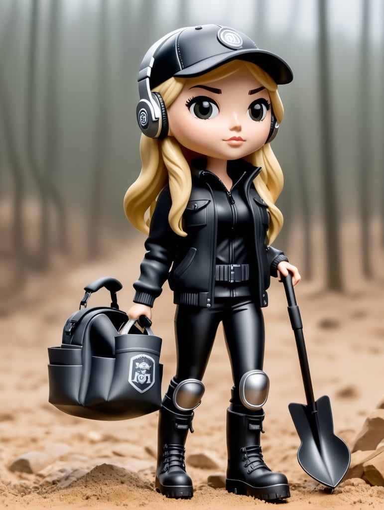 Female funko pop character with shoulder length straight blonde hair wearing black cap and black clothes with grey wellies and headphones on holding a metal detector and spade with a bag around the waist