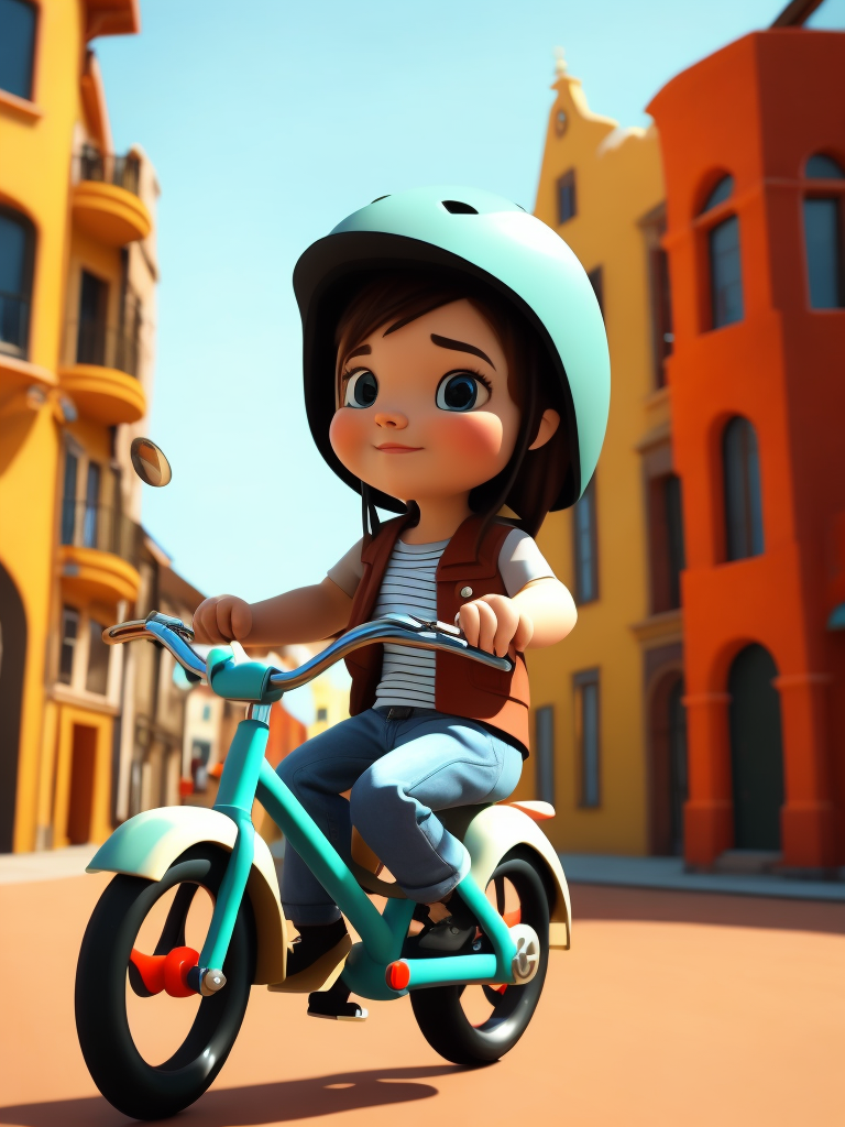 a cute little girl riding on a bike through colorful clay city, 3D Clay Animation