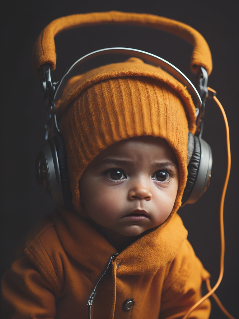 a cute baby monster character with headphone, technology style, orange color