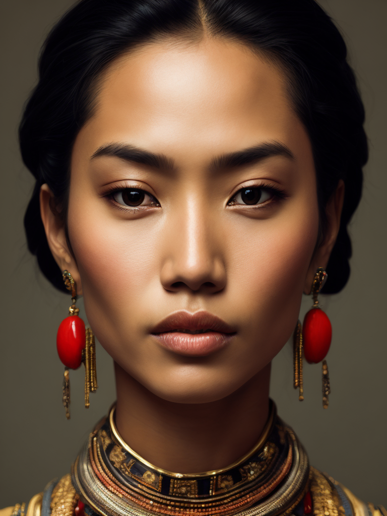 Profile portrait of a stunningly beautiful light skinned asian tribal female, depth of field, zeiss lens, detailed, symmetrical, centered, fashion photoshoot, by annie leibovitz and steve mccurry, david lazar, jimmy nelsson, breathtaking, extremely detailed, beautiful, establishing shot, artistic, hyperrealistic, beautiful face, octane render, Blurred background