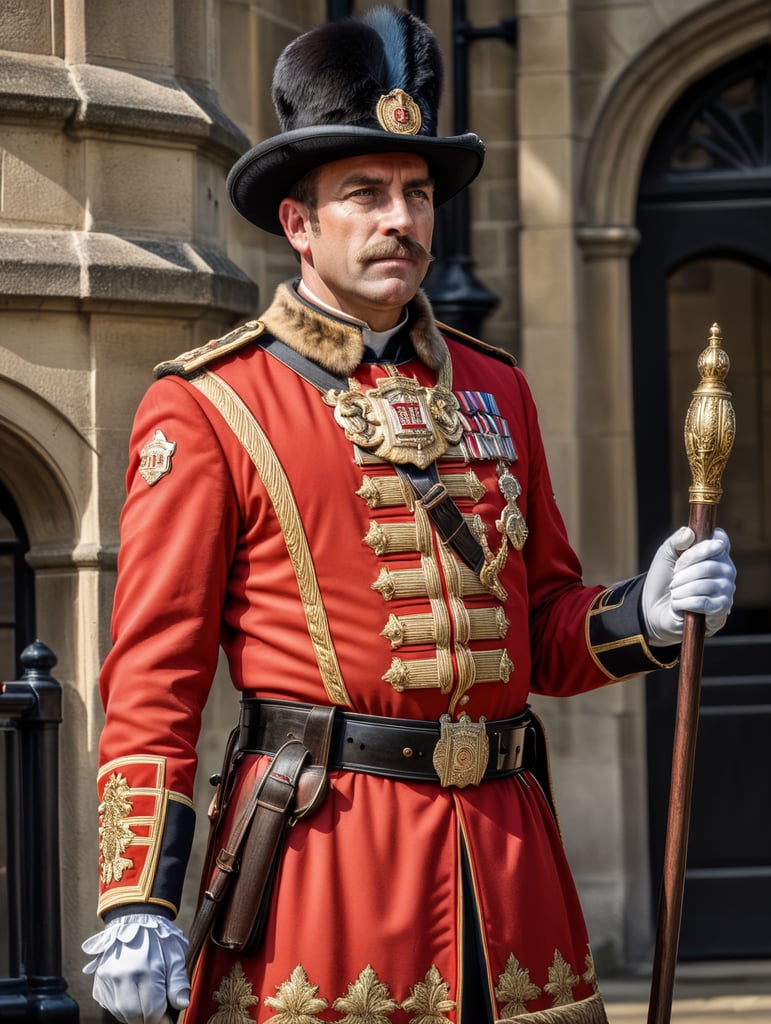 Retro poster of a Beefeater man, ceremonial guard of the Tower of London.