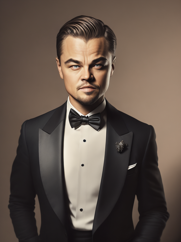 Portrait of Leonardo DiCaprio in a bow tie tuxedo, contrasting light, detailed face, muted tones
