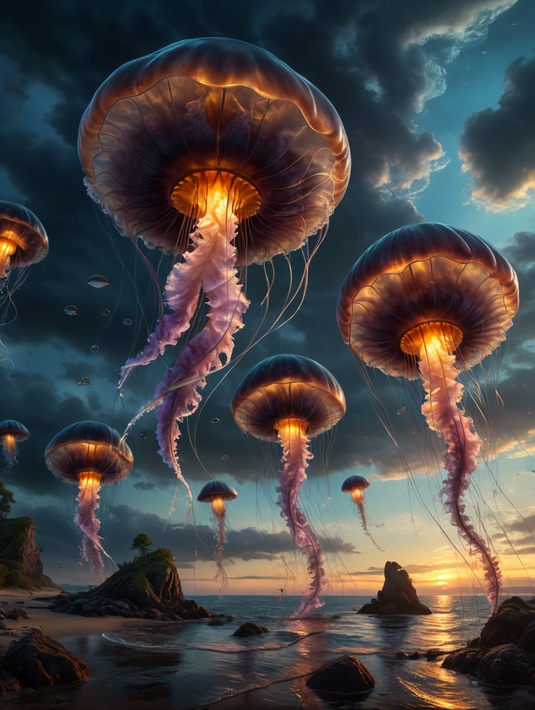 jelly fish in sky, fish on land