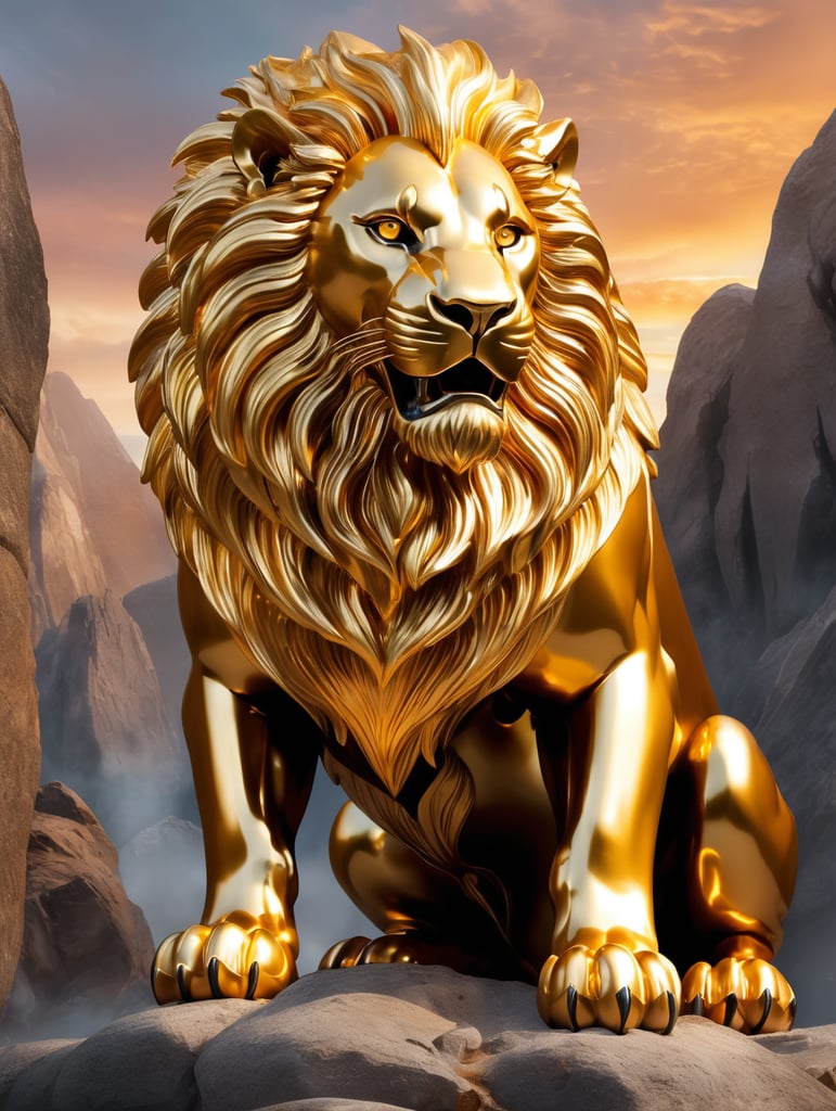 "A majestic hybrid lion, its body forged from solid blocks of pure gold, gleaming as if freshly cast from a molten forge. Its mane consists of massive golden chunks layered together, reflecting dazzling light with every movement. Its eyes are two radiant golden gemstones, burning with an inner fire. The claws and fangs are sharp blades of gold, polished to a brilliant shine. It stands atop a land filled with colossal golden boulders, under a sky of eternal sunset hues, exuding the power and magnificence of a legendary creature."