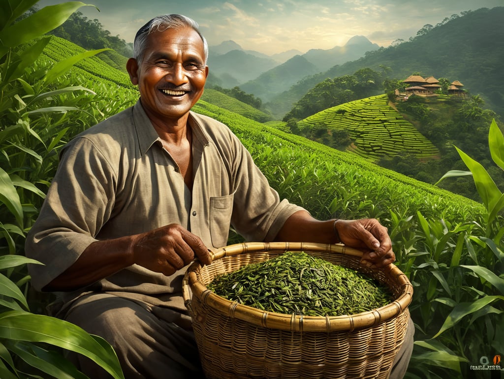 smiling Indian tea farmer holding green tea leaves in a bamboo basket in his hands, tea lover, farming life, tea harvest, tea leaves, tea plantation, fresh harvest, tea production, handcrafted tea, tea indulgence,