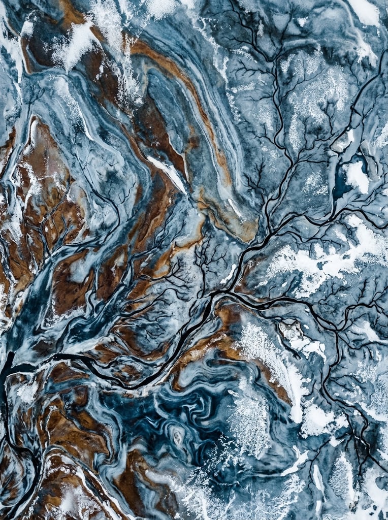 abstract aerial view of frozen earth, marbled ice textures, swirling swathes of slate blue and rust brown, branching black fractal lines resembling river veins, scattered patches of bright white frost, organic natural patterns, overhead perspective, high contrast geological formations