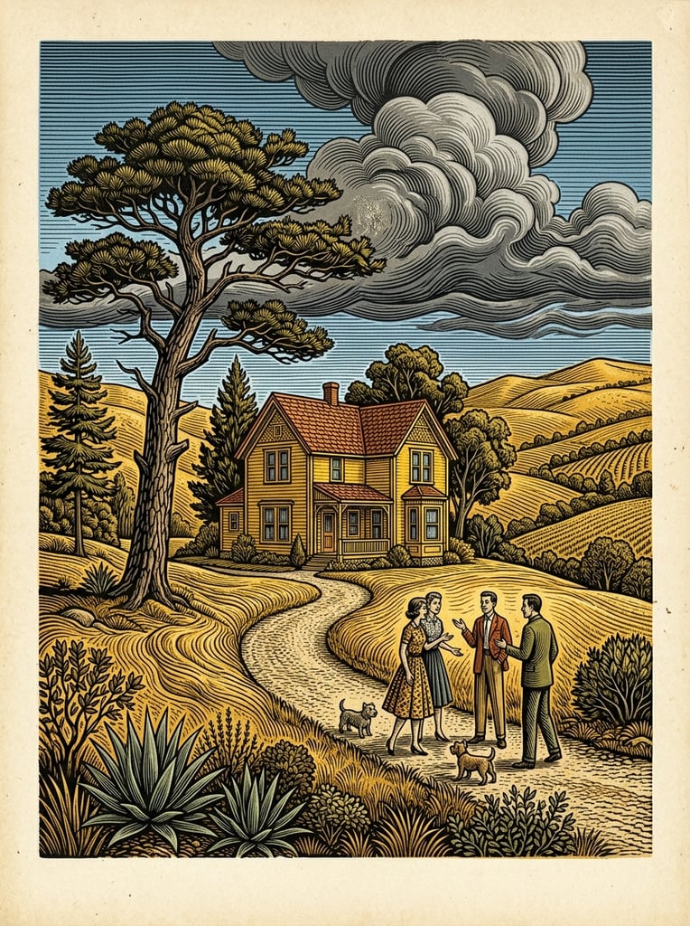 stylized woodcut illustration, vibrant yellow two-story house, intricate topographical linework textures, large flat-topped pine tree, sprawling golden fields, dramatic swirling grey clouds, striated blue sky, mid-century figures conversing on a pathway, spiky agave plants, precise engraving techniques, warm earthy palette
