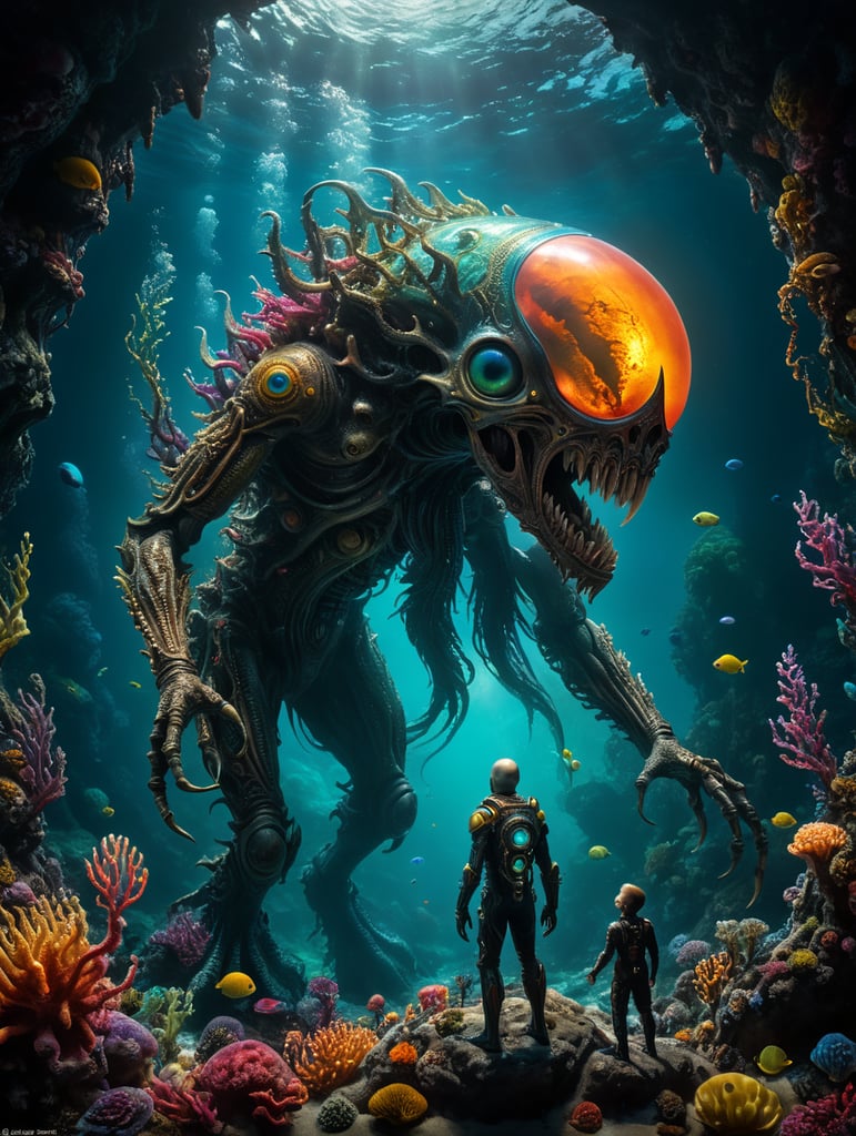 A Horror macabre creature standing under a deep ocean holding the hand of a little bright fantastical alien creature ((expressionism, Bright Colours, Professional Photography, contemporary)) : Ultra-realistic, ultra-photographic, HDRI, sharp Focus,