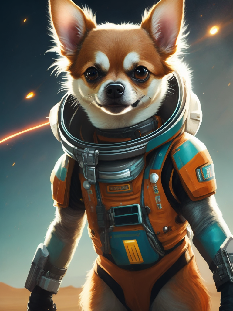 A Chihuahua like a Rocket Raccoon from Guardians of the Galaxy wearing astronaut costume on the Mars