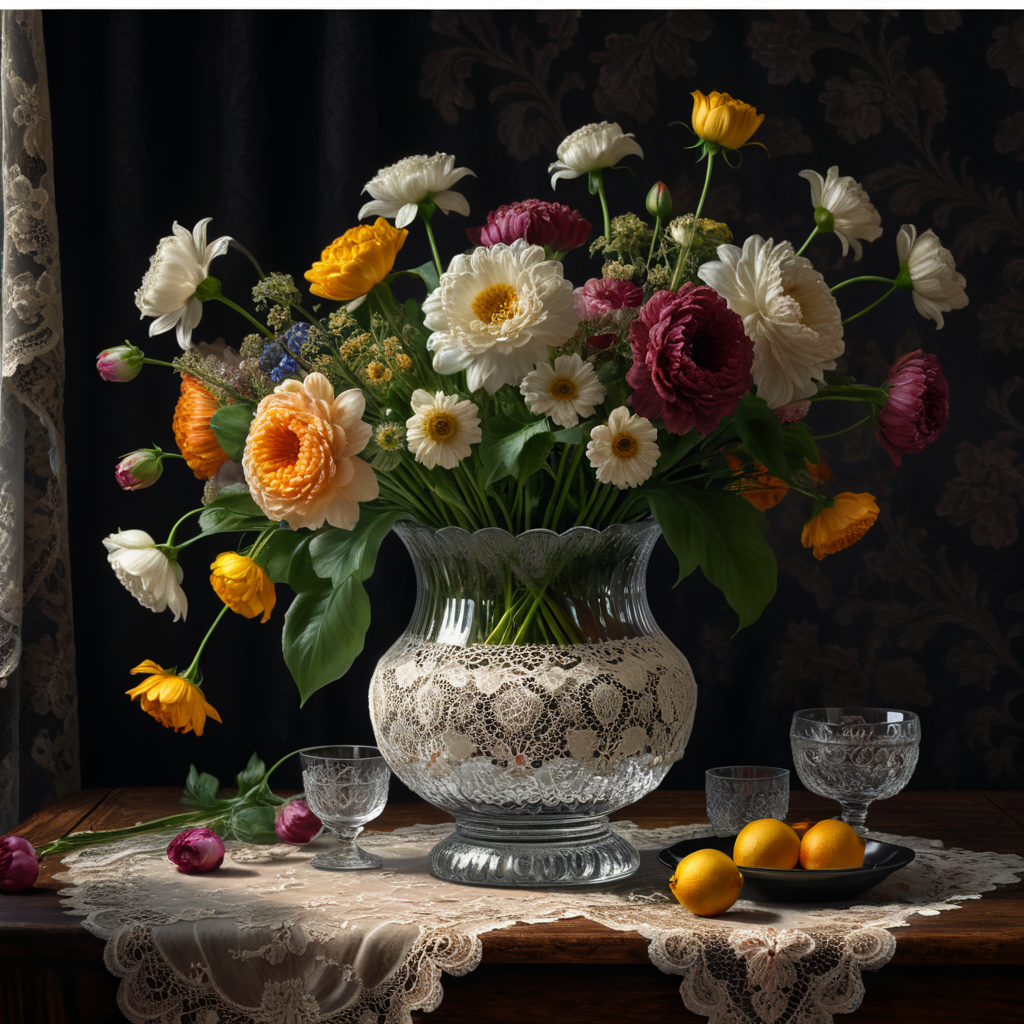 Flowers in a glass vase + on an old table + lace tablecloth