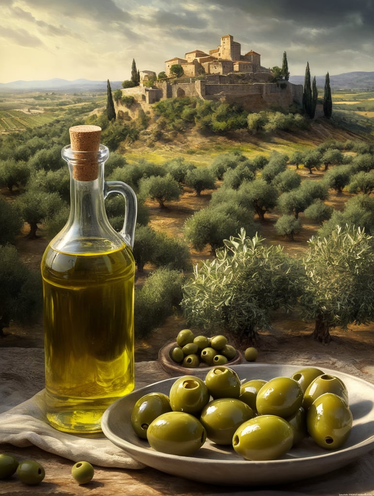 olive oil scene. green olives drizzled with oil and transparent bottles filled with olive oil. The olives should have the right texture, with a backdrop of an olive field with an ancient castle on the horizon.