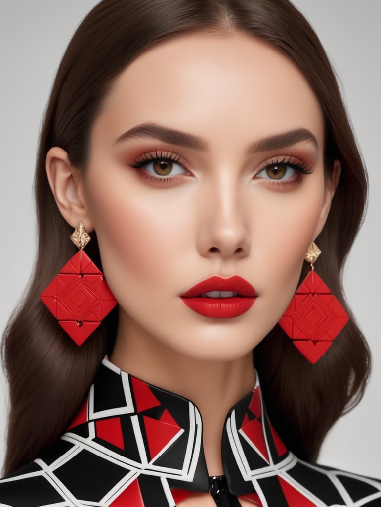 big silicone floral earrings on medium lenght brunette haired beautiful female model doll face red lips black geometric suit