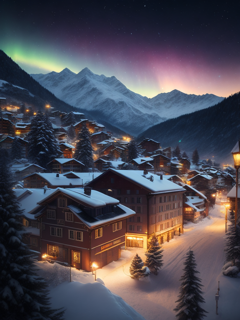 The thick snow covered swiss town, the sky is starry, the aurora, the colorful light, the light illuminates the town, high quality details