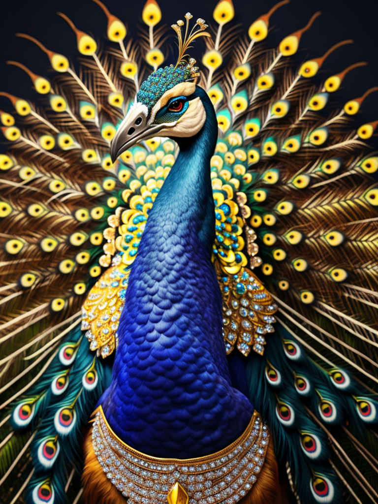 Magical king peacock wearing expensive jewelry that is magnificent, incredibly detailed, intricate, with brilliant bright shimmering sparkling glittering diamonds on glowing shining precious luminous gold, Royal rich luxurious