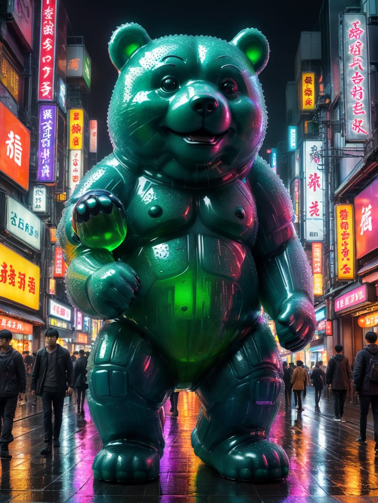 A giant Japanese gummy bear, translucent, 4 stories tall, walking through Tokyo at night, neon rainy city, cyberpunk, techno city