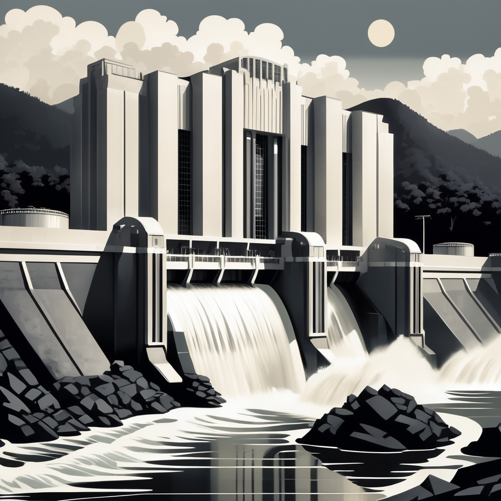 Daniel-Johnson Dam in art deco style with a black and white hydro power plant.